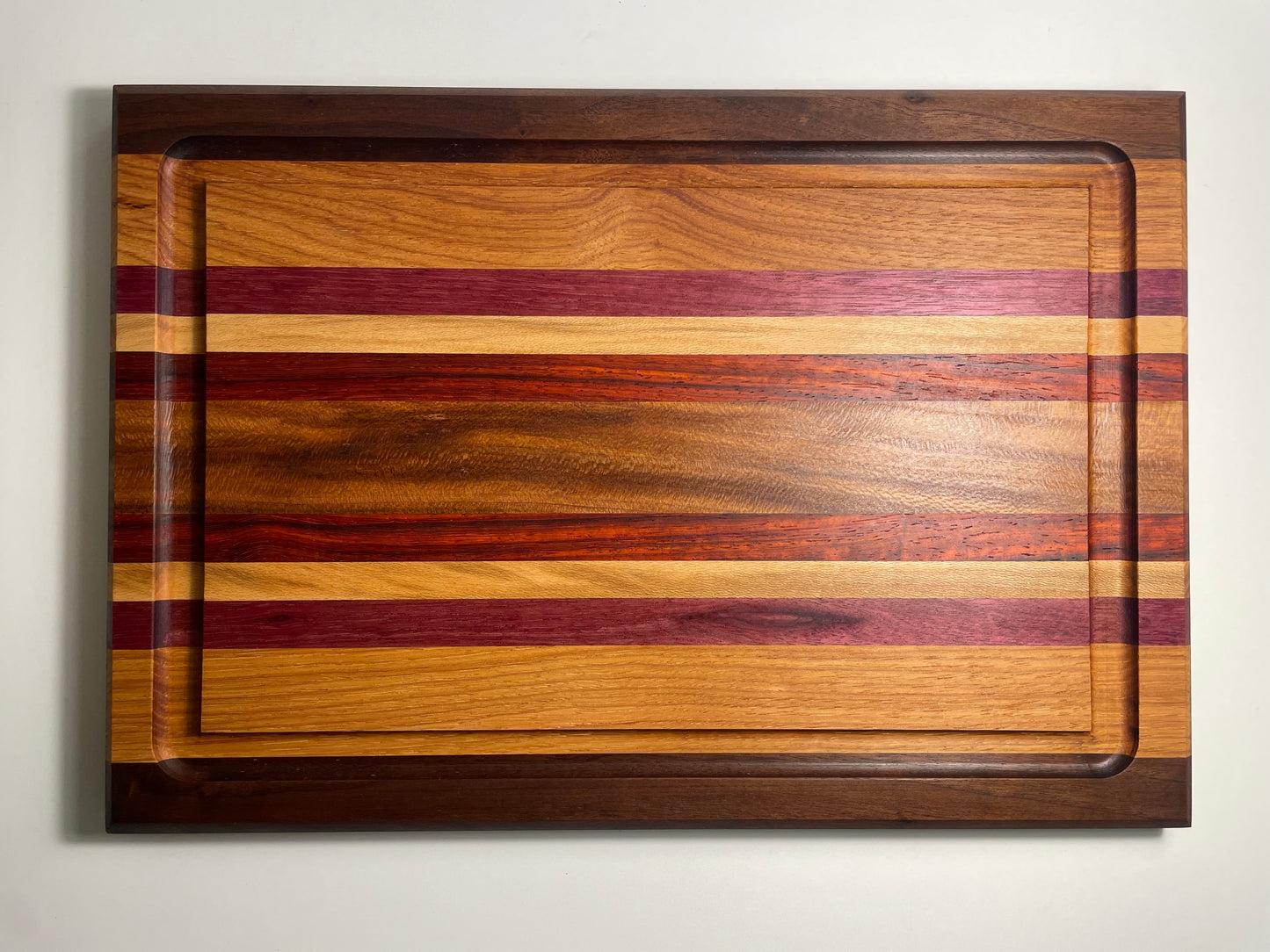 24M007 - Mixed Black Walnut, Hickory, Purpleheart, Sycamore & Padauk Board with Champered Edge & Juice Groove
