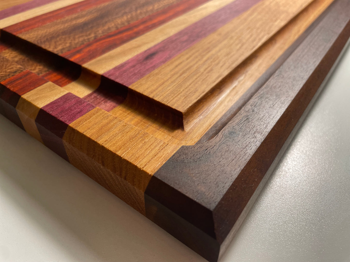 24M007 - Mixed Black Walnut, Hickory, Purpleheart, Sycamore & Padauk Board with Champered Edge & Juice Groove