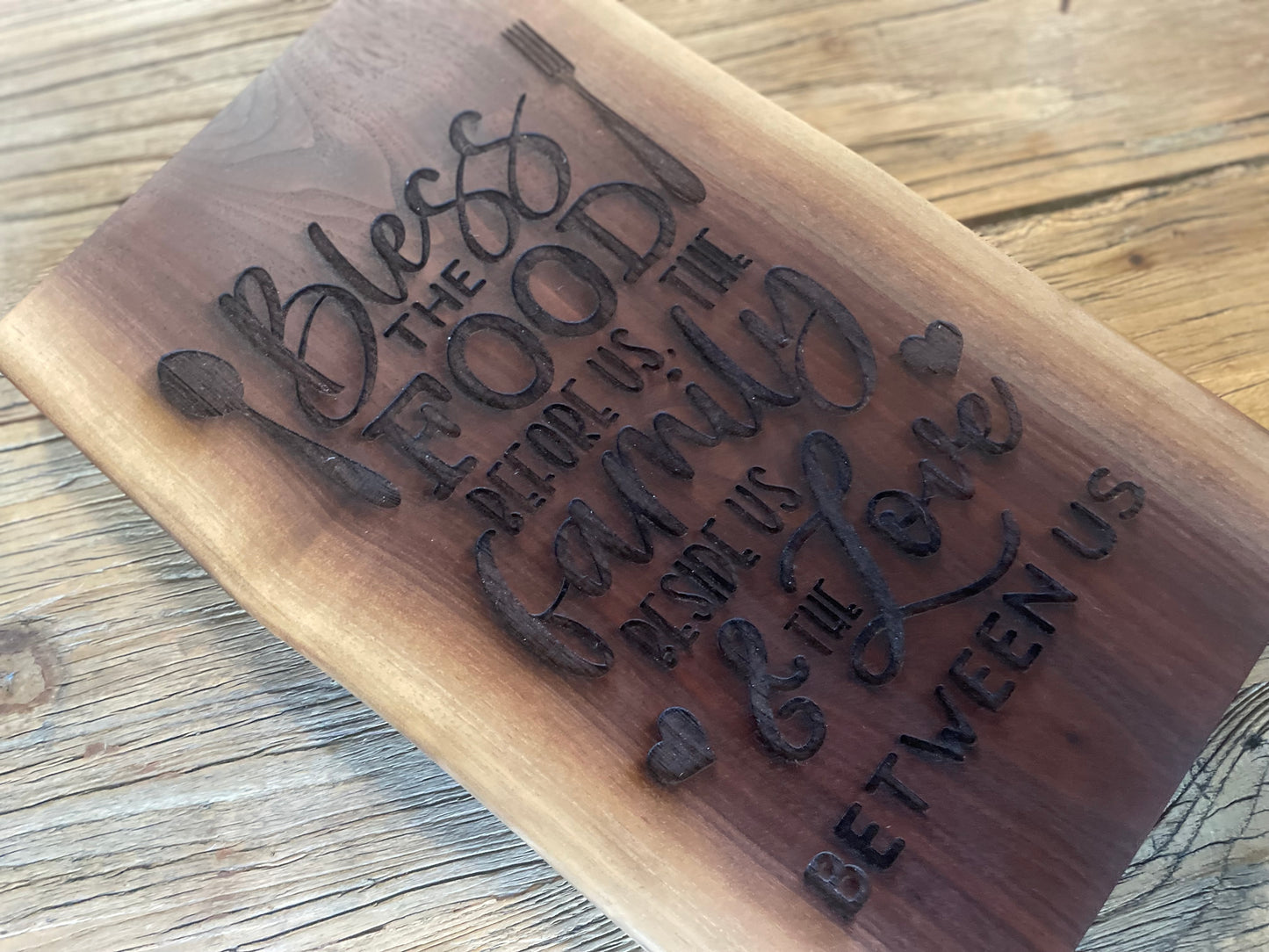 25L021 - Dual Live Edge “Bless The Food” Engraved Walnut Board