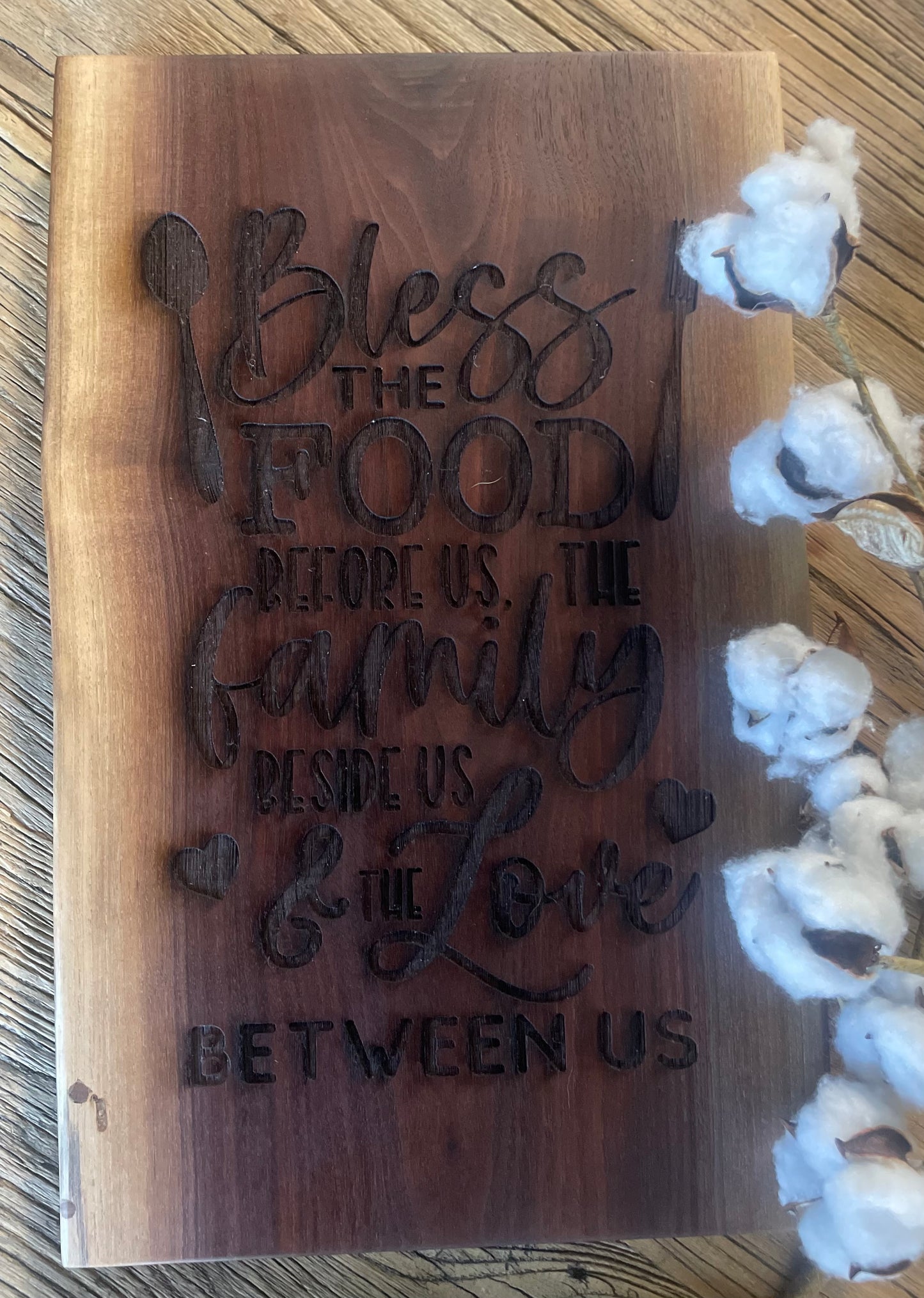 25L021 - Dual Live Edge “Bless The Food” Engraved Walnut Board