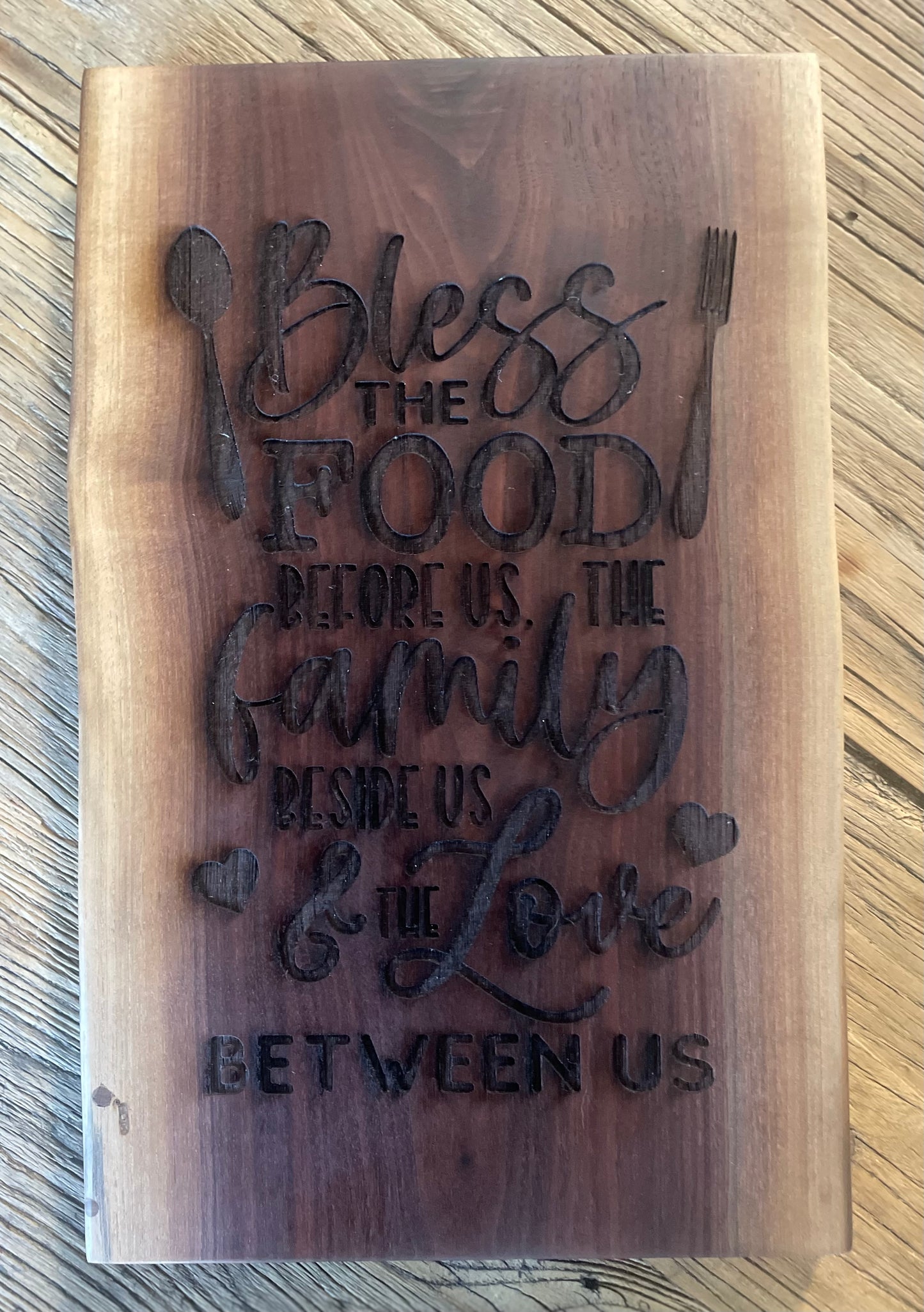 25L021 - Dual Live Edge “Bless The Food” Engraved Walnut Board