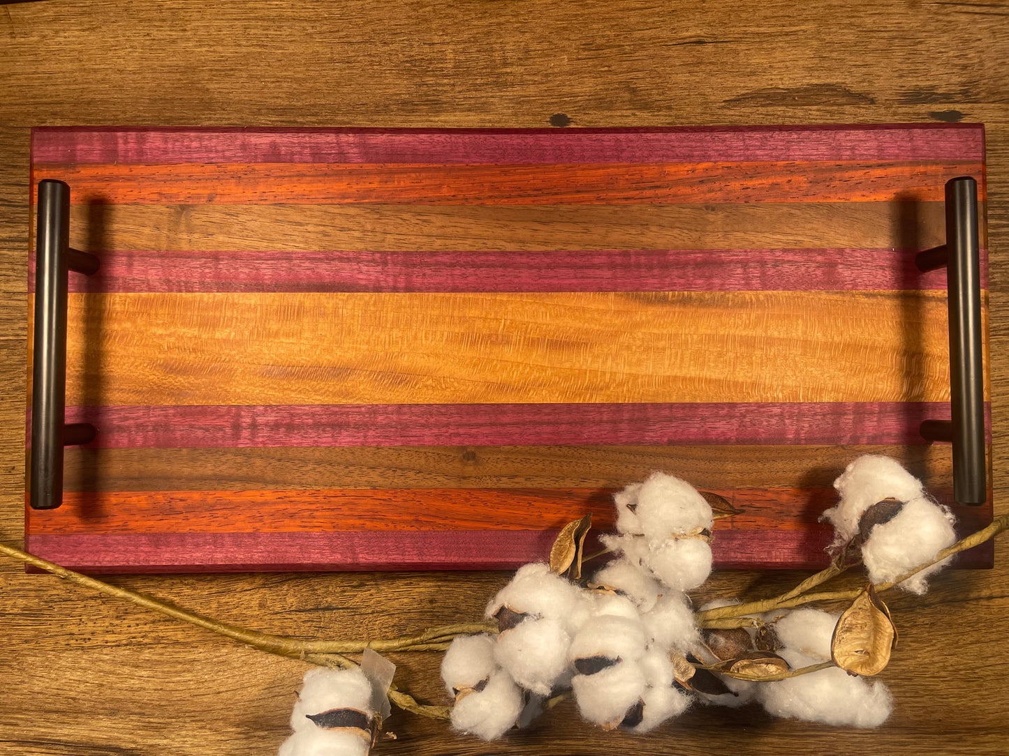 24M011 - Mixed Black Walnut, Purpleheart & Padauk Board with Handles & Board Feet