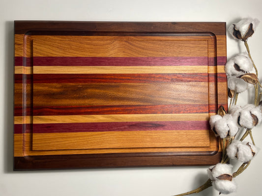 24M007 - Mixed Black Walnut, Hickory, Purpleheart, Sycamore & Padauk Board with Champered Edge & Juice Groove