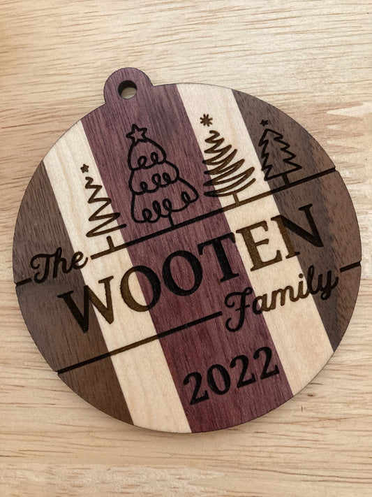 Family Name Joined Walnut, Maple & Purpleheart Wood Ornament