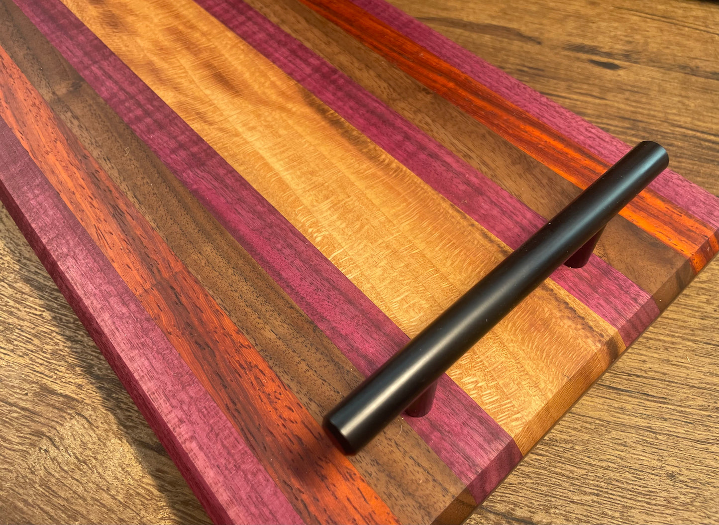 24M011 - Mixed Black Walnut, Purpleheart & Padauk Board with Handles & Board Feet