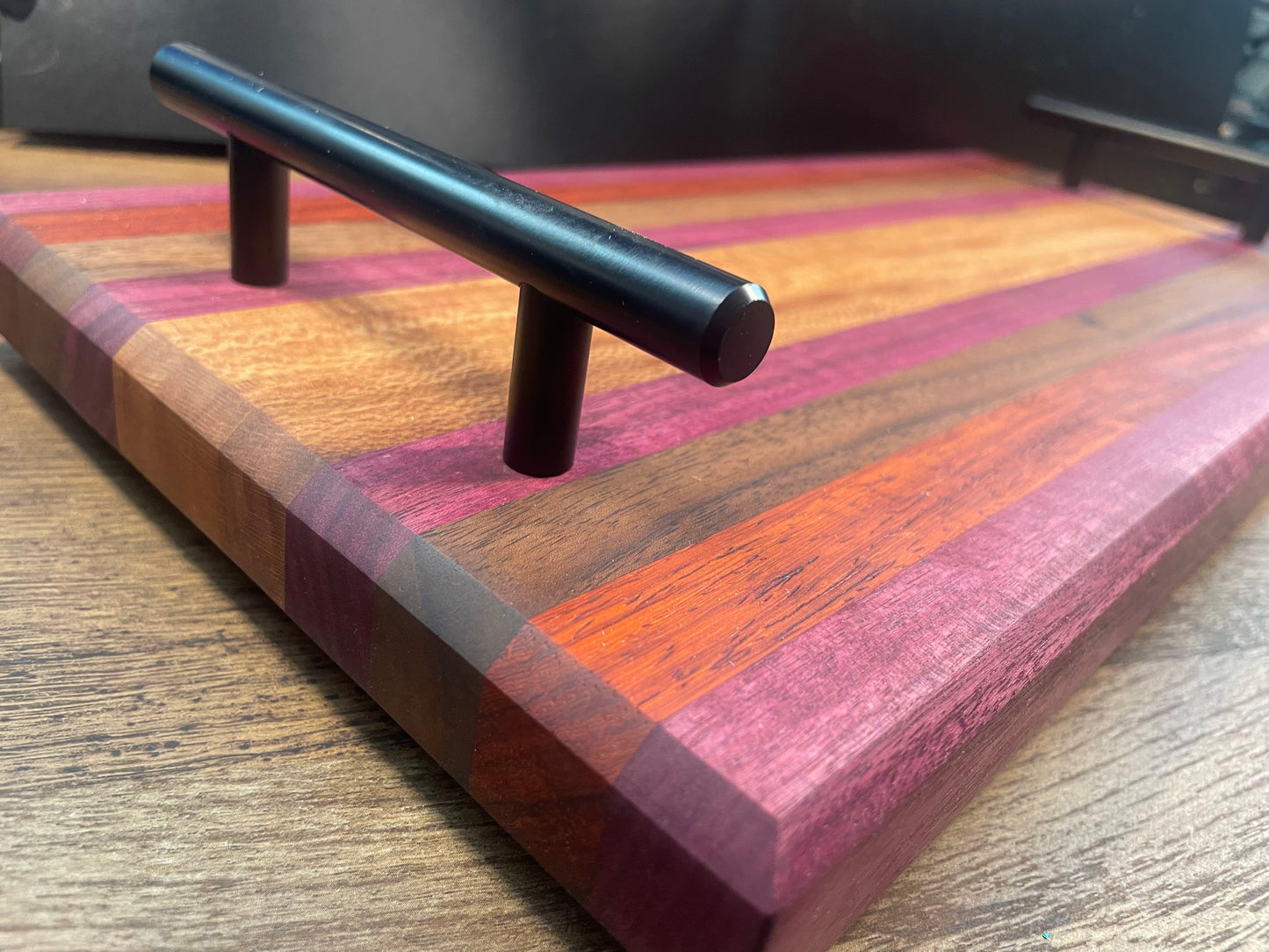 24M011 - Mixed Black Walnut, Purpleheart & Padauk Board with Handles & Board Feet