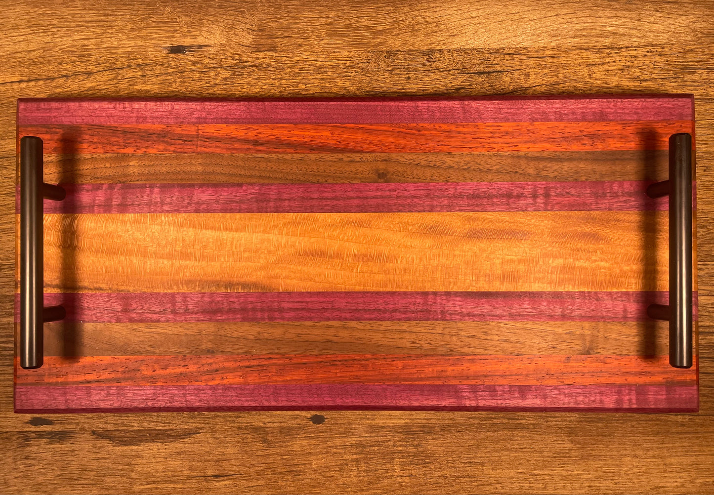 24M011 - Mixed Black Walnut, Purpleheart & Padauk Board with Handles & Board Feet